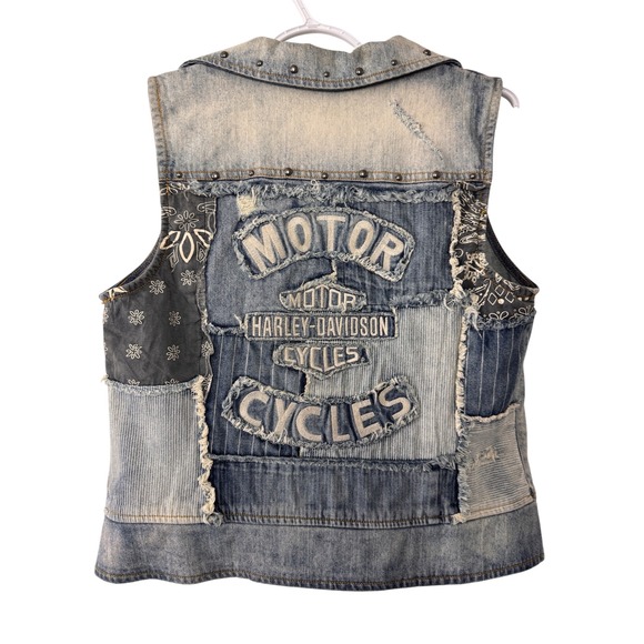 Harley-Davidson Jackets & Blazers - Harley-Davidson Distressed Patchwork Denim Vest Studded Biker Moto Blue Cotton M